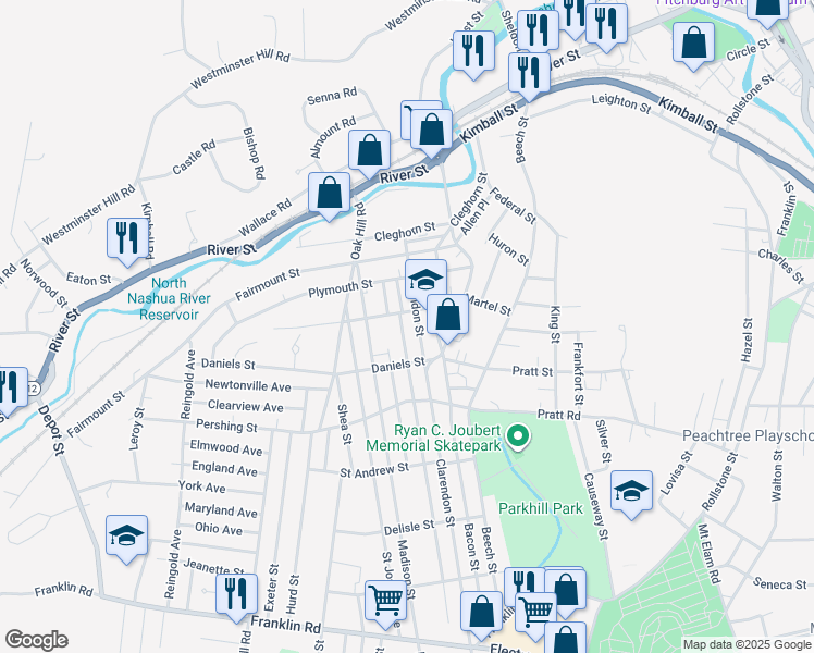 map of restaurants, bars, coffee shops, grocery stores, and more near 19 Chester Street in Fitchburg