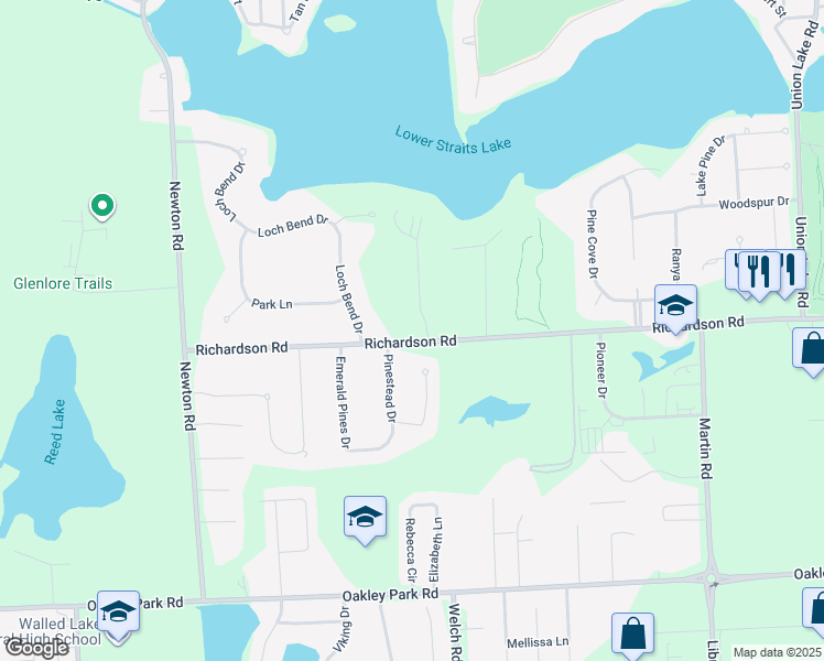 map of restaurants, bars, coffee shops, grocery stores, and more near 3988 South Shore Drive in Commerce Charter Township