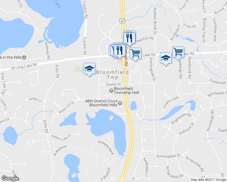 map of restaurants, bars, coffee shops, grocery stores, and more near 4200 Telegraph Road in Bloomfield Hills