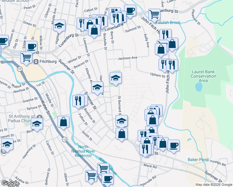 map of restaurants, bars, coffee shops, grocery stores, and more near 150 Saint Bernard Street in Fitchburg