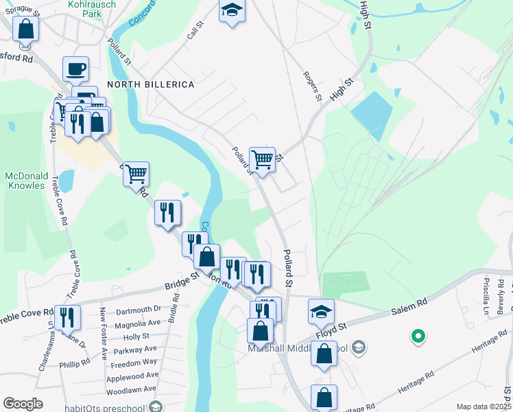 map of restaurants, bars, coffee shops, grocery stores, and more near 143 Pollard Street in Billerica