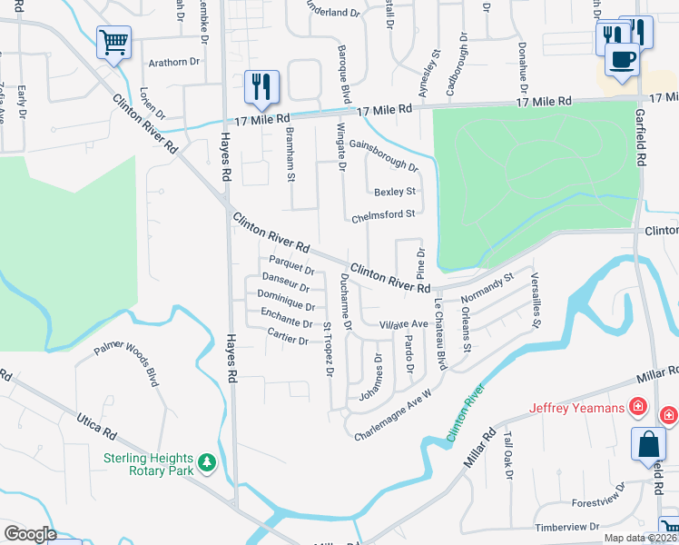 map of restaurants, bars, coffee shops, grocery stores, and more near Saint Tropez Drive in Charter Township of Clinton