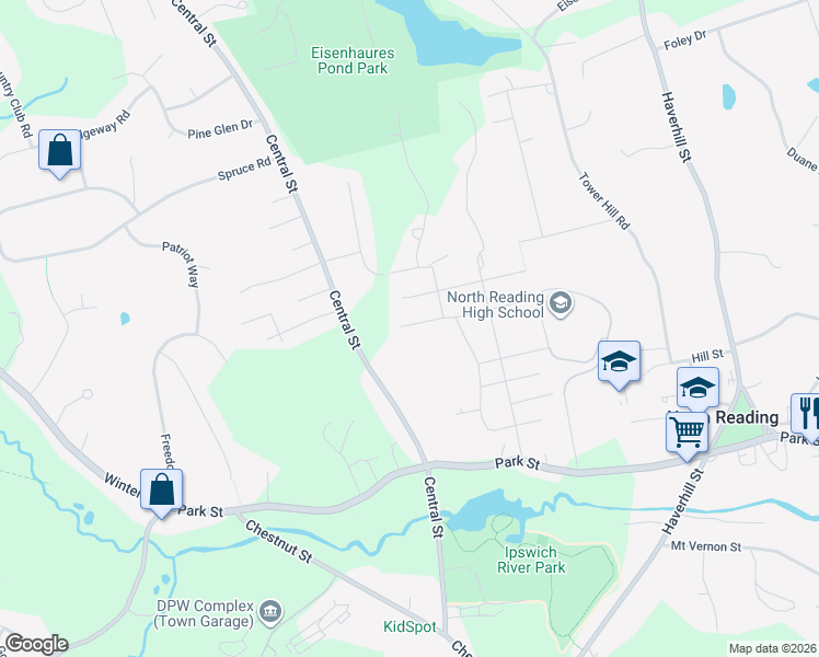 map of restaurants, bars, coffee shops, grocery stores, and more near 8 Taylor Road in North Reading