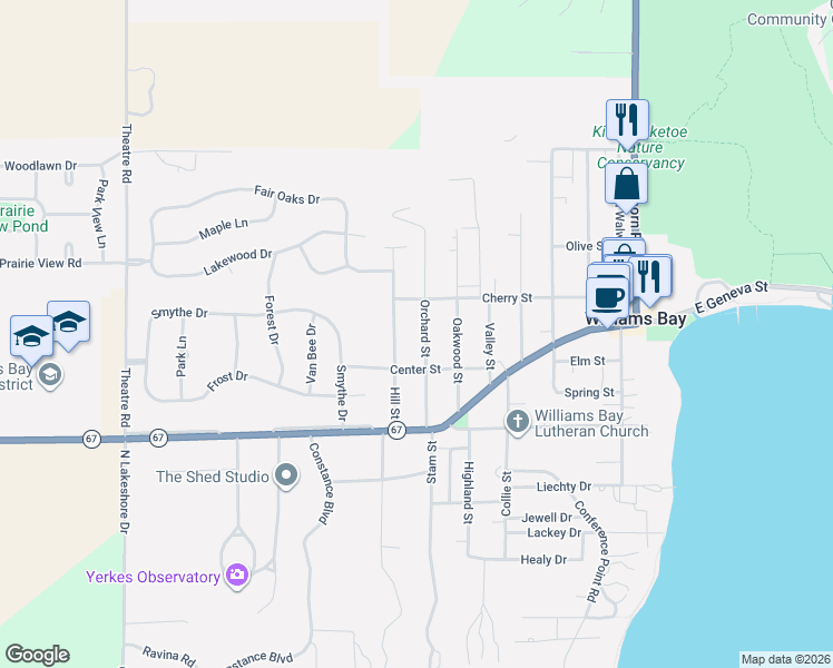 map of restaurants, bars, coffee shops, grocery stores, and more near 76 Orchard Street in Williams Bay