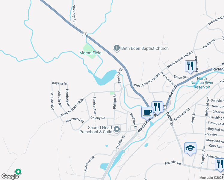 map of restaurants, bars, coffee shops, grocery stores, and more near 840 Westminster Hill Road in Fitchburg