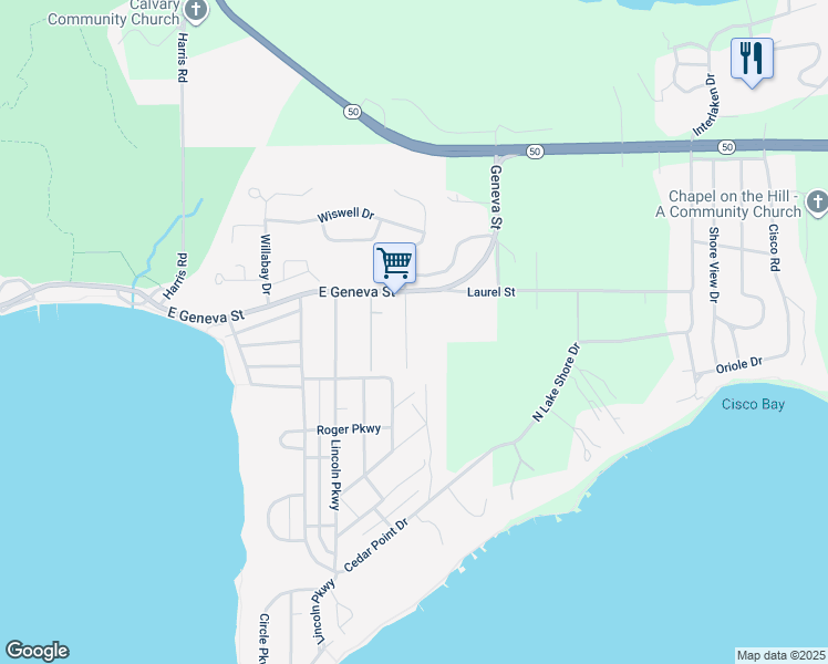 map of restaurants, bars, coffee shops, grocery stores, and more near 47 Potawatomi Road in Williams Bay