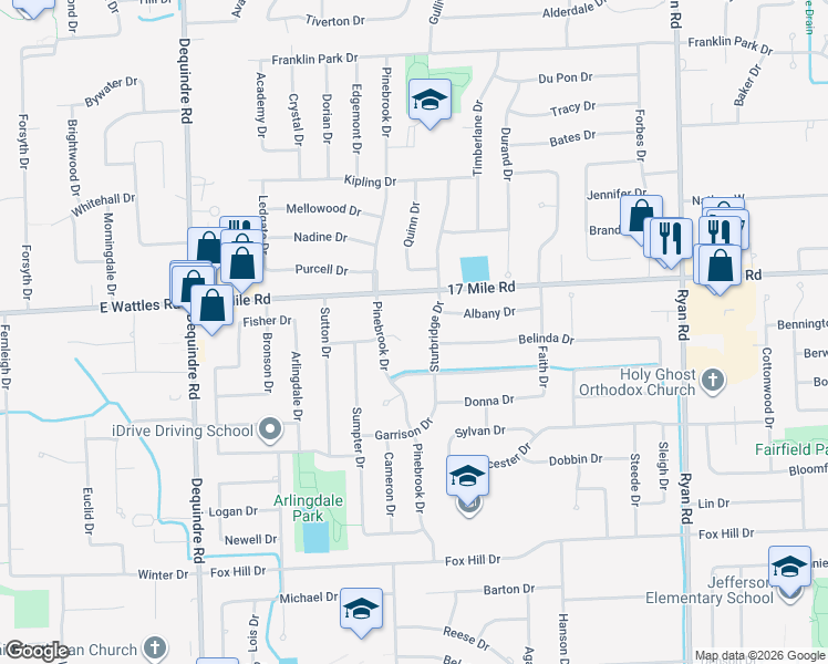 map of restaurants, bars, coffee shops, grocery stores, and more near 38921 Sturbridge Drive in Sterling Heights