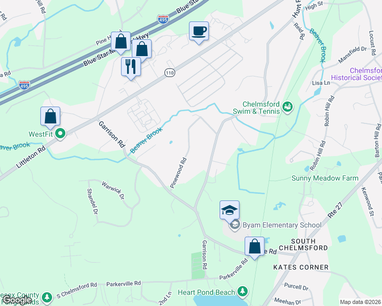 map of restaurants, bars, coffee shops, grocery stores, and more near 12 Pinewood Road in Chelmsford