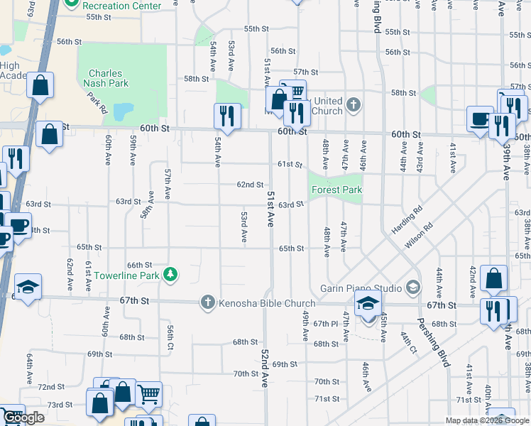 map of restaurants, bars, coffee shops, grocery stores, and more near 6316 51st Avenue in Kenosha