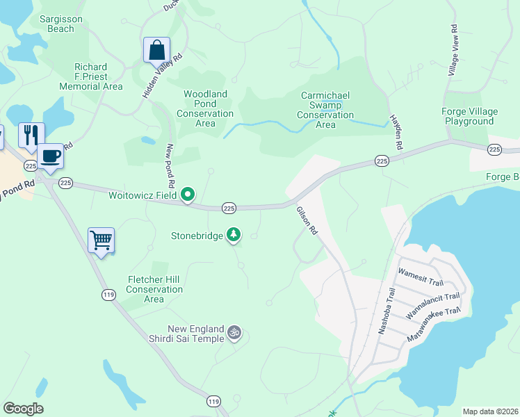 map of restaurants, bars, coffee shops, grocery stores, and more near 4 Old Carriage Path in Groton