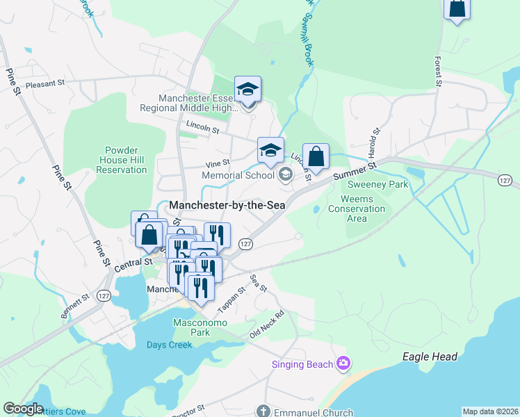 map of restaurants, bars, coffee shops, grocery stores, and more near 7 1 Allen Avenue in Manchester-by-the-Sea