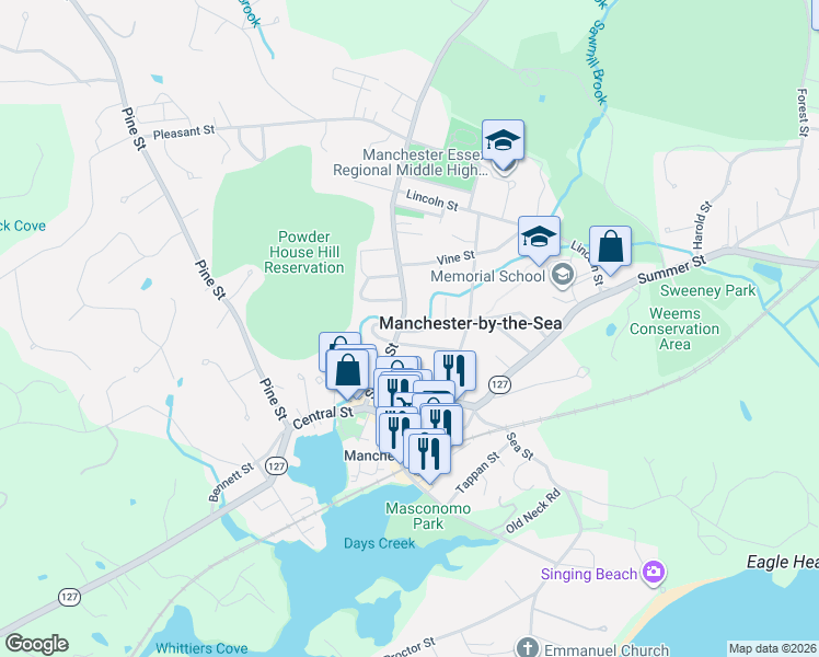 map of restaurants, bars, coffee shops, grocery stores, and more near 3 Brook Street in Manchester-by-the-Sea