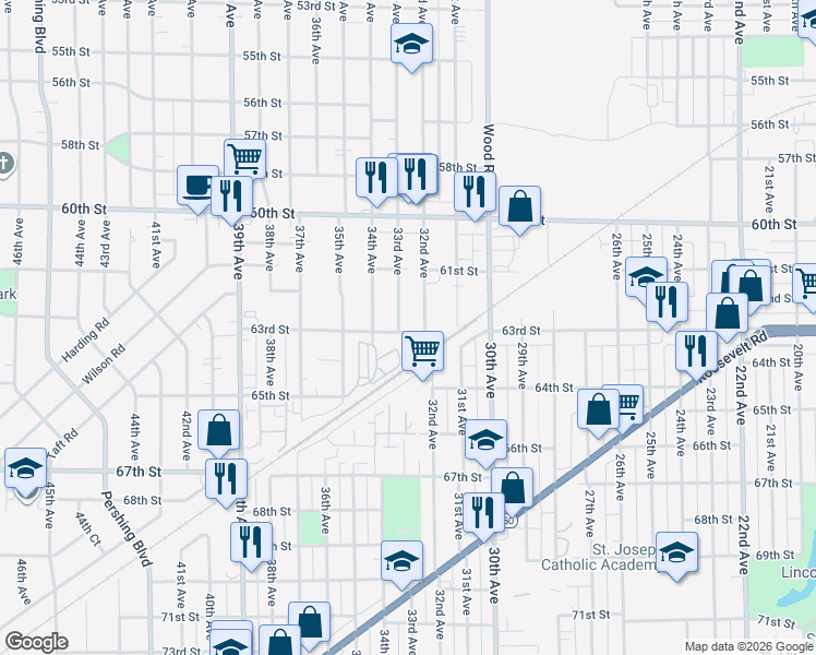 map of restaurants, bars, coffee shops, grocery stores, and more near 6237 33rd Avenue in Kenosha