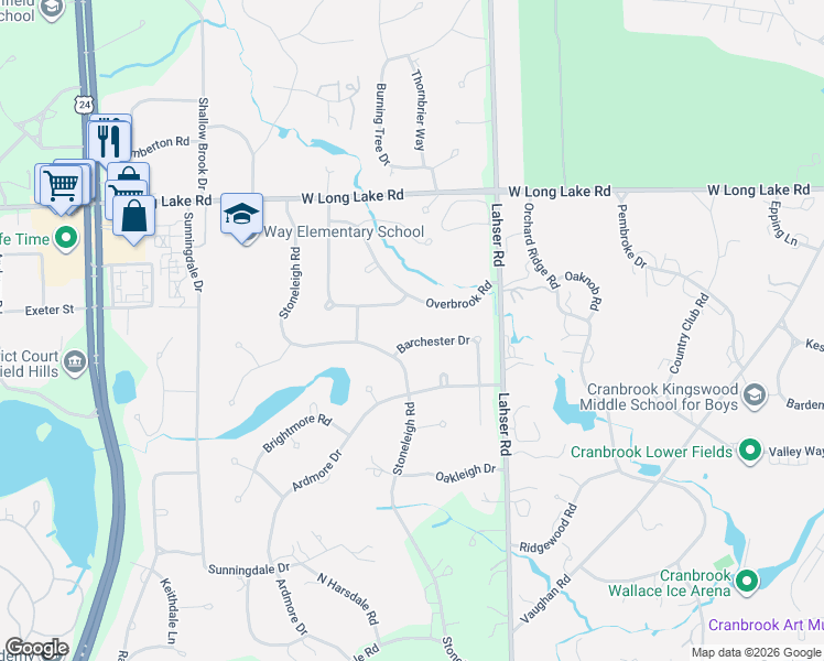 map of restaurants, bars, coffee shops, grocery stores, and more near 4369 Barchester Drive in Bloomfield Township