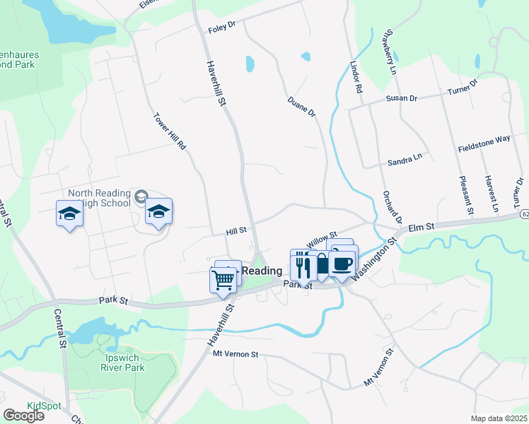map of restaurants, bars, coffee shops, grocery stores, and more near 301 Elm Street in North Reading