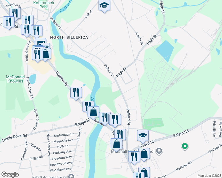 map of restaurants, bars, coffee shops, grocery stores, and more near 143 Pollard Street in Billerica