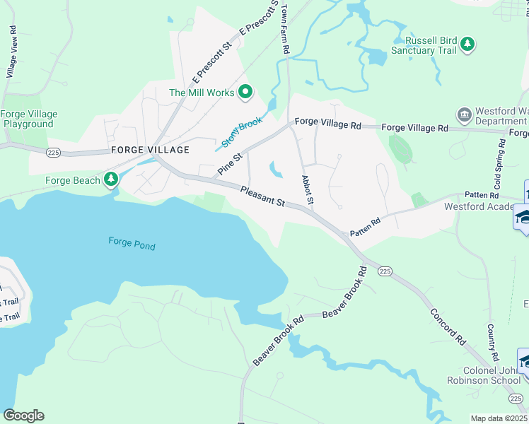 map of restaurants, bars, coffee shops, grocery stores, and more near 64 Pleasant Street in Westford