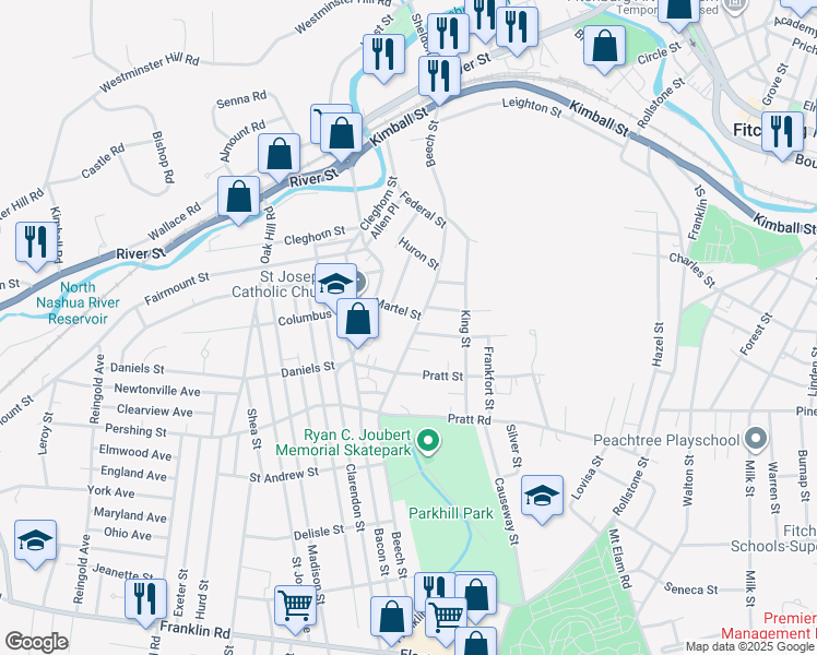 map of restaurants, bars, coffee shops, grocery stores, and more near 259 Beech Street in Fitchburg