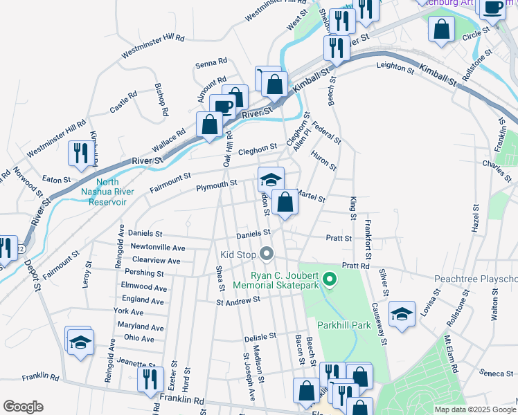 map of restaurants, bars, coffee shops, grocery stores, and more near 19 Chester Street in Fitchburg