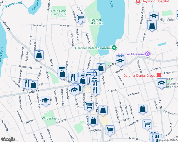 map of restaurants, bars, coffee shops, grocery stores, and more near 49 Richmond Street in Gardner