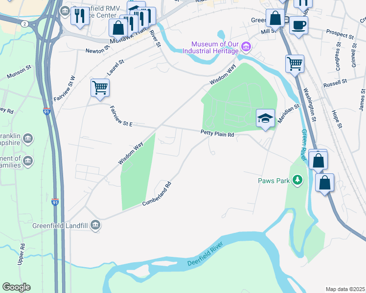 map of restaurants, bars, coffee shops, grocery stores, and more near 65-97 Cumberland Road in Greenfield