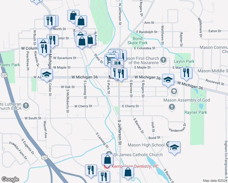 map of restaurants, bars, coffee shops, grocery stores, and more near 500 South Jefferson Street in Mason