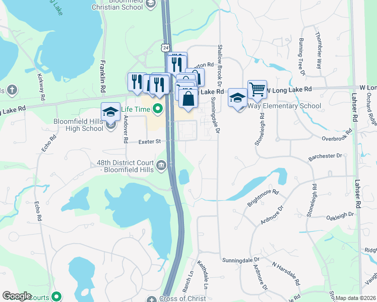 map of restaurants, bars, coffee shops, grocery stores, and more near 941 Pine Thistle Lane in Bloomfield Hills