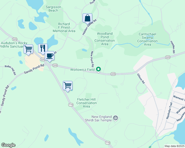 map of restaurants, bars, coffee shops, grocery stores, and more near 112 Forge Village Road in Groton