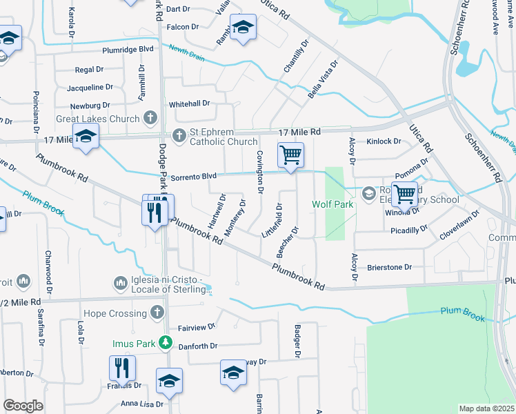 map of restaurants, bars, coffee shops, grocery stores, and more near 38524 Monterey Drive in Sterling Heights