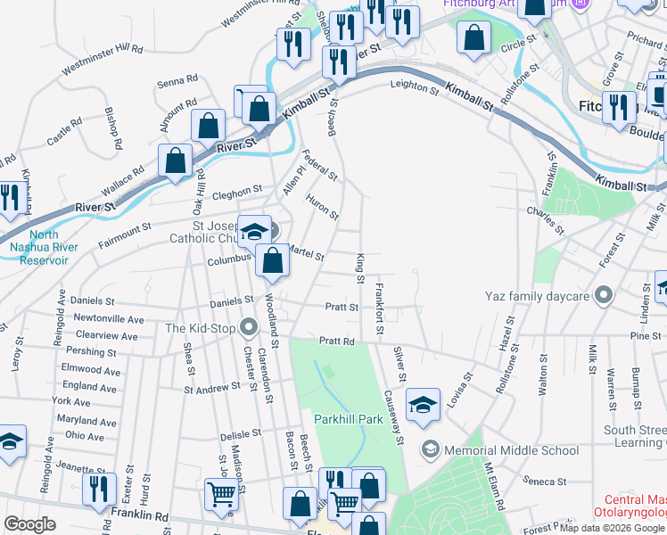 map of restaurants, bars, coffee shops, grocery stores, and more near 20 Wall Street in Fitchburg