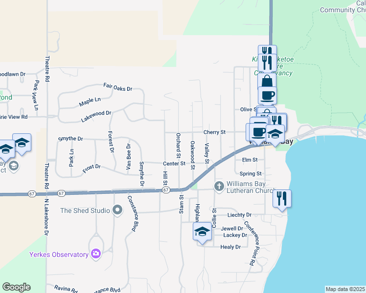 map of restaurants, bars, coffee shops, grocery stores, and more near 79 Orchard Street in Williams Bay