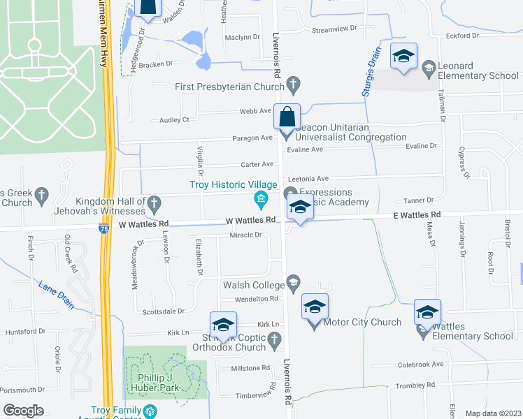 map of restaurants, bars, coffee shops, grocery stores, and more near 60 West Wattles Road in Troy