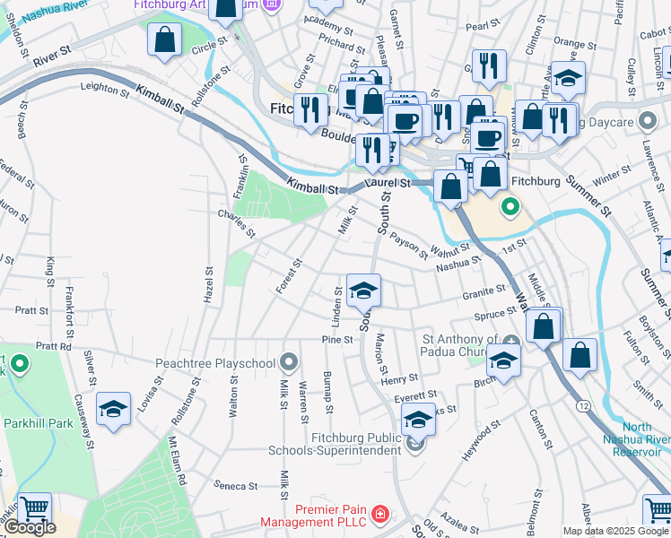 map of restaurants, bars, coffee shops, grocery stores, and more near 103 Charles Street in Fitchburg