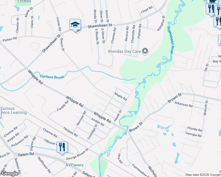 map of restaurants, bars, coffee shops, grocery stores, and more near 95 Beech Street in Tewksbury