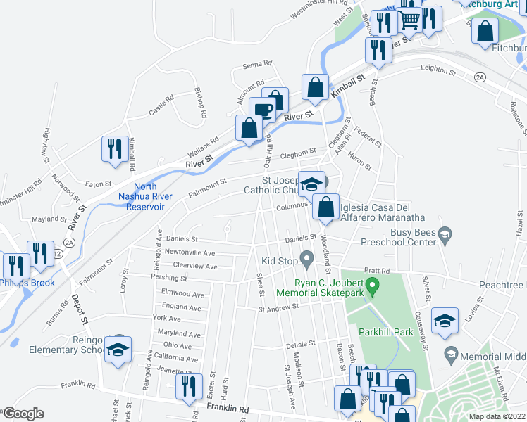 map of restaurants, bars, coffee shops, grocery stores, and more near 174 Columbus Street in Fitchburg
