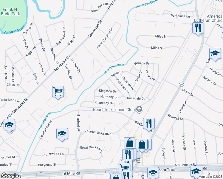 map of restaurants, bars, coffee shops, grocery stores, and more near 20543 Kingston Drive in Clinton Township