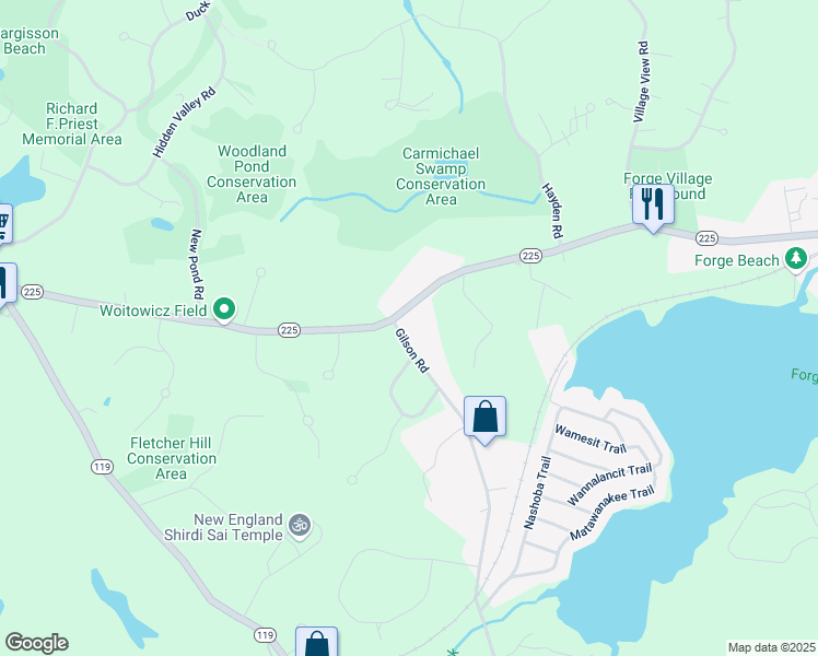 map of restaurants, bars, coffee shops, grocery stores, and more near 218 Forge Village Road in Groton