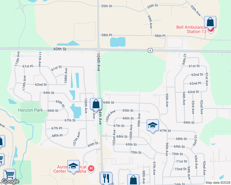 map of restaurants, bars, coffee shops, grocery stores, and more near 10121 63rd Street in Kenosha