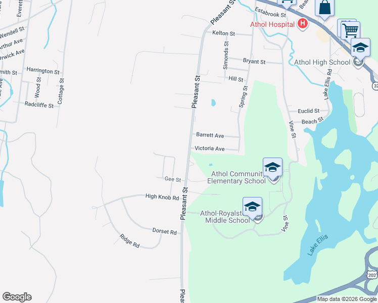 map of restaurants, bars, coffee shops, grocery stores, and more near 786 Pleasant Street in Athol