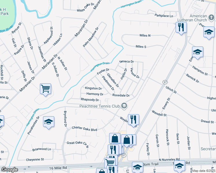 map of restaurants, bars, coffee shops, grocery stores, and more near 20475 Foster Drive in Clinton Township