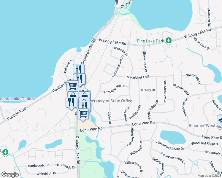 map of restaurants, bars, coffee shops, grocery stores, and more near 3730 Hutchins Hill in West Bloomfield Township