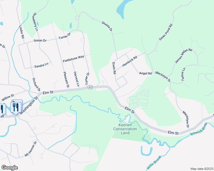 map of restaurants, bars, coffee shops, grocery stores, and more near 189 Massachusetts 62 in North Reading