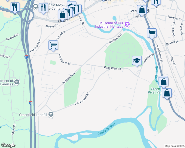 map of restaurants, bars, coffee shops, grocery stores, and more near 19 Bradford Drive in Greenfield