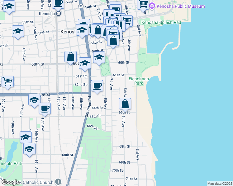 map of restaurants, bars, coffee shops, grocery stores, and more near 6305 7th Avenue in Kenosha