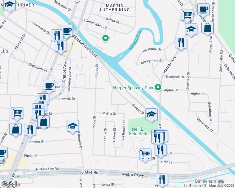 map of restaurants, bars, coffee shops, grocery stores, and more near 23702 Fenton Street in Clinton Township