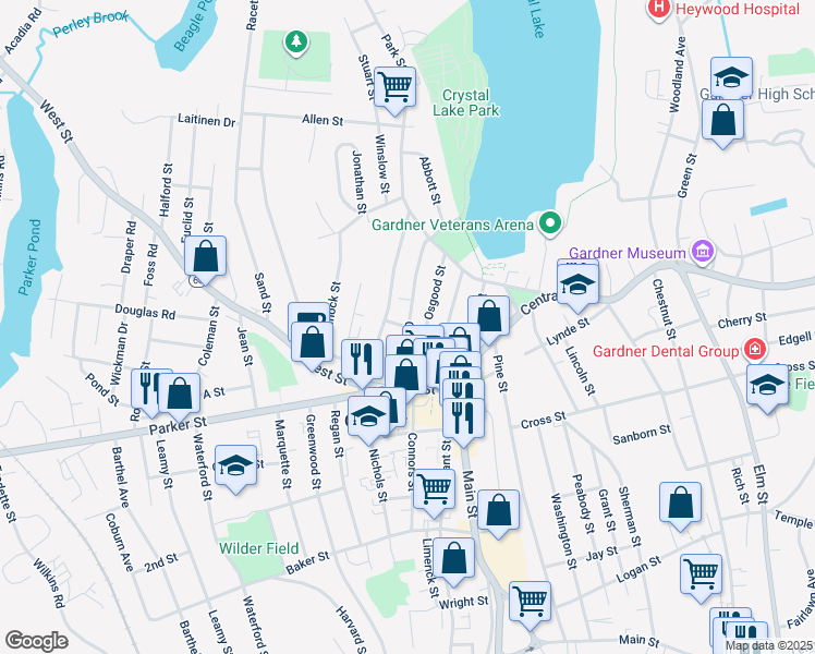 map of restaurants, bars, coffee shops, grocery stores, and more near 75 Graham Street in Gardner