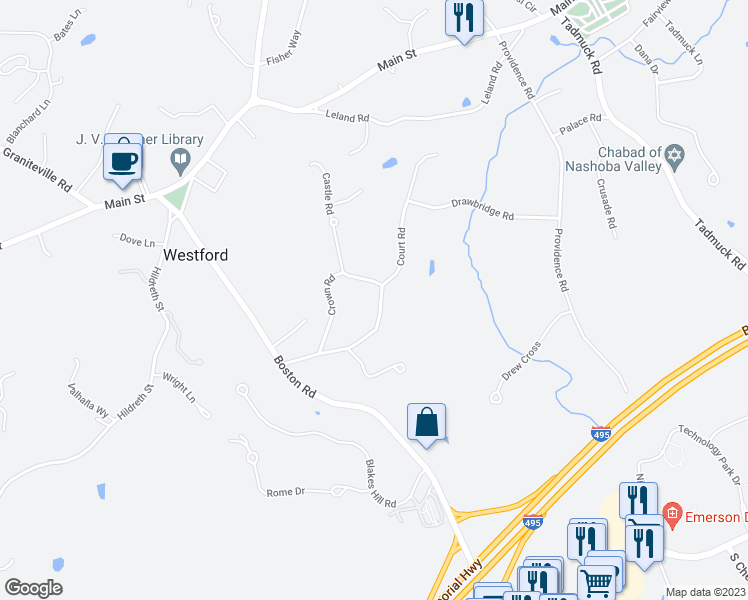 map of restaurants, bars, coffee shops, grocery stores, and more near 20 Crown Road in Westford