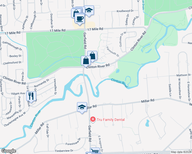 map of restaurants, bars, coffee shops, grocery stores, and more near 38242 Fernhill Court in Charter Township of Clinton