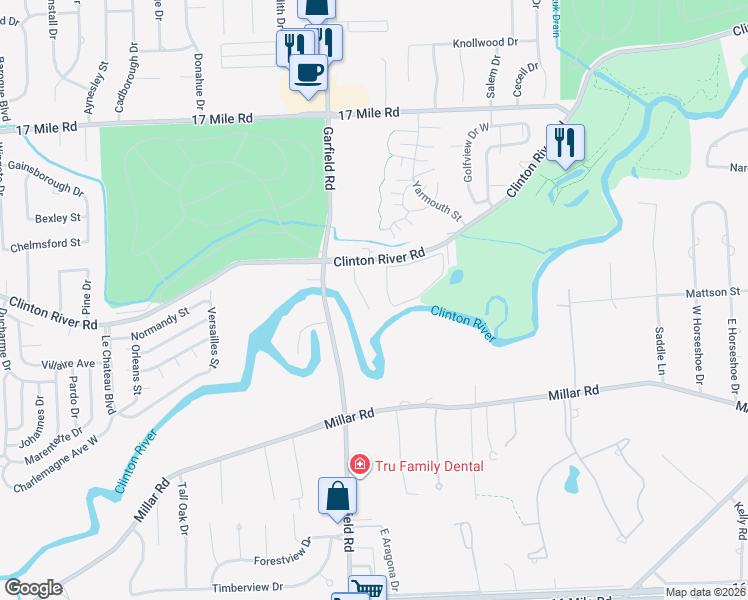 map of restaurants, bars, coffee shops, grocery stores, and more near 38242 Fernhill Court in Clinton Township