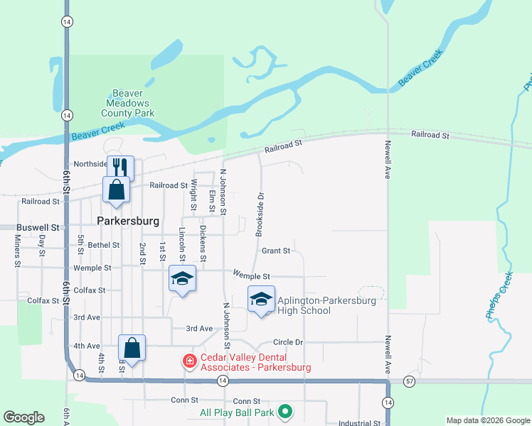 map of restaurants, bars, coffee shops, grocery stores, and more near 214 Brookside Drive in Parkersburg